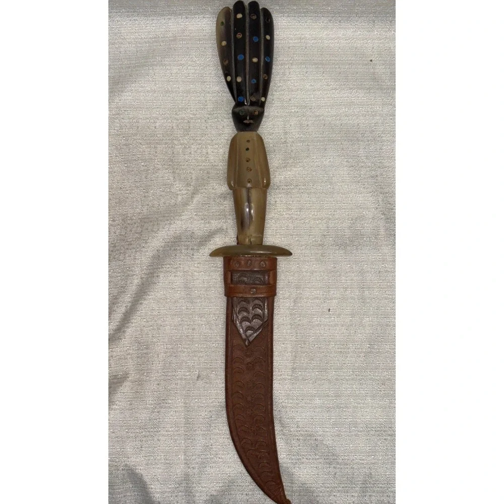 Vintage Tribal Horn Handle Dagger‎ Knife with Leather Sheath Collectible